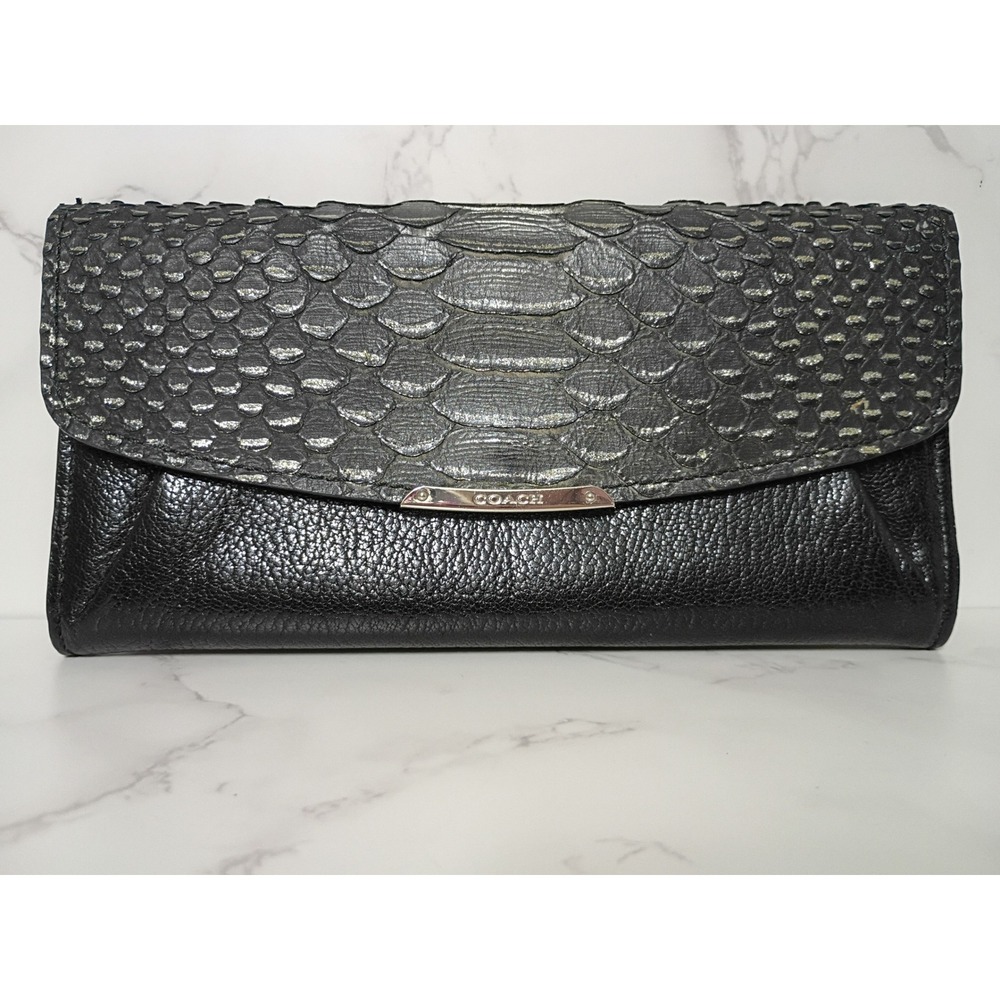 COACH Madison Glitter Python Embossed Black Leather Envelope Wallet - EUC